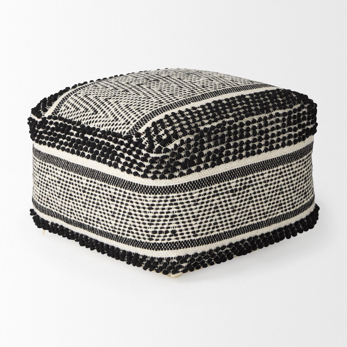 Mercana Garima 22.0L x 22.0W x 14.0H Black/White Wool and Cotton Patterned Pouf