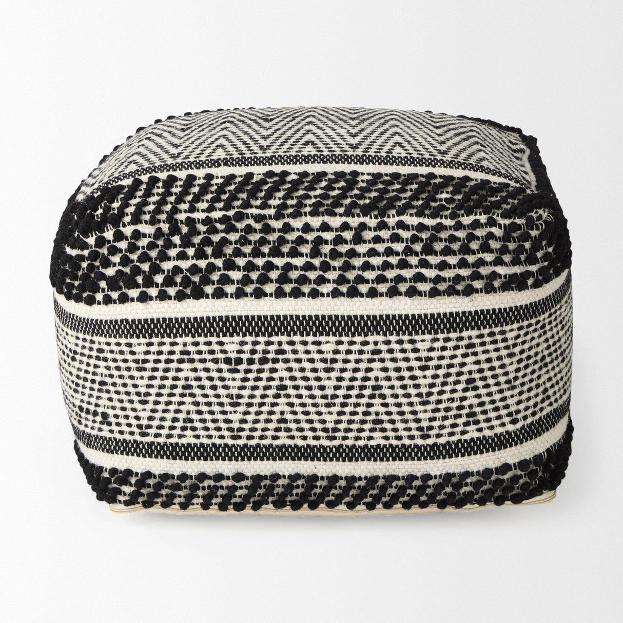 Mercana Garima 22.0L x 22.0W x 14.0H Black/White Wool and Cotton Patterned Pouf