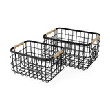 Mercana Marius 20.9L x 15.2W x 12.2 Set of Two Matte Black Metal W/ Rope Trim Rectangular Baskets