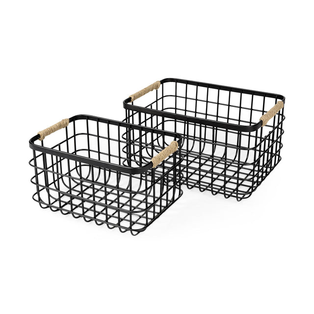 Mercana Marius 20.9L x 15.2W x 12.2 Set of Two Matte Black Metal W/ Rope Trim Rectangular Baskets