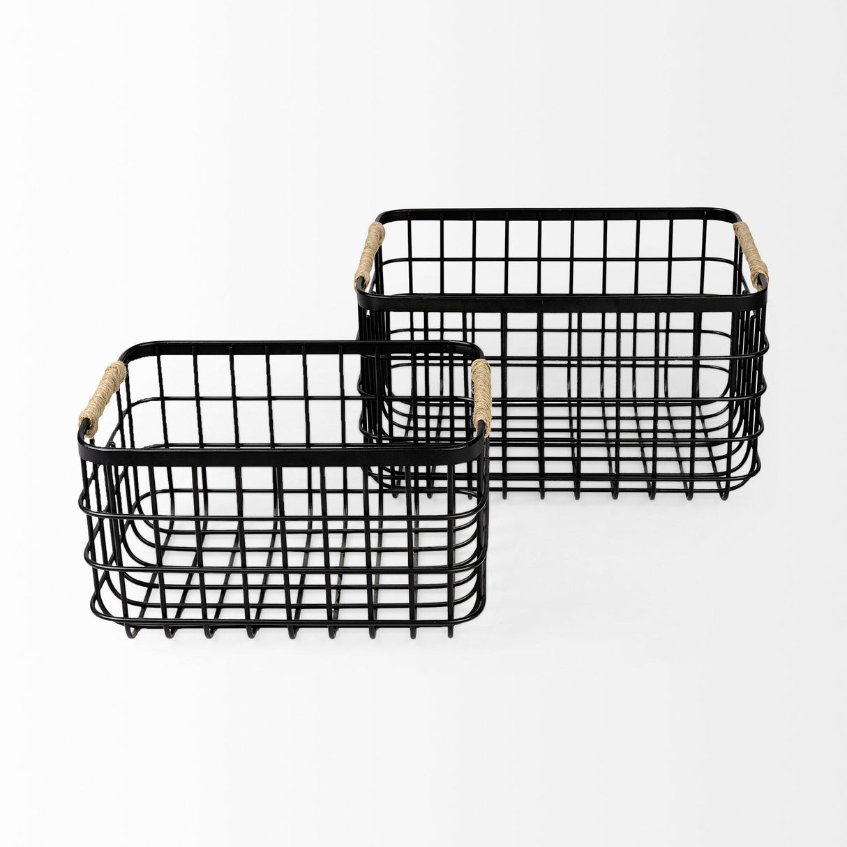 Mercana Marius 20.9L x 15.2W x 12.2 Set of Two Matte Black Metal W/ Rope Trim Rectangular Baskets