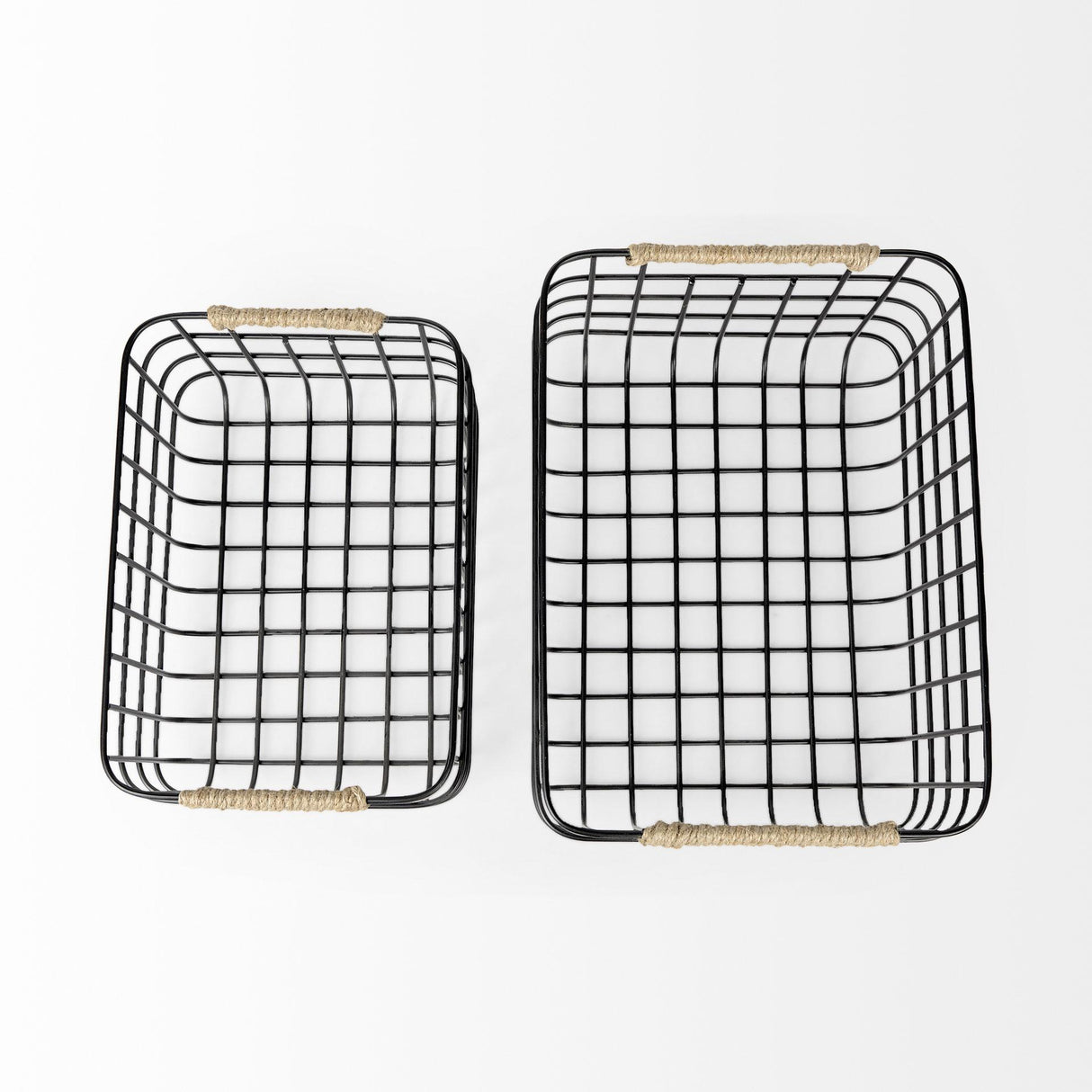 Mercana Marius 20.9L x 15.2W x 12.2 Set of Two Matte Black Metal W/ Rope Trim Rectangular Baskets