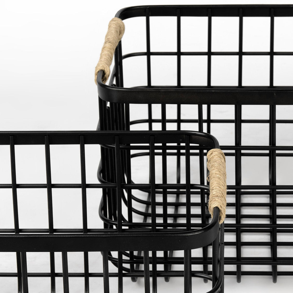 Mercana Marius 20.9L x 15.2W x 12.2 Set of Two Matte Black Metal W/ Rope Trim Rectangular Baskets