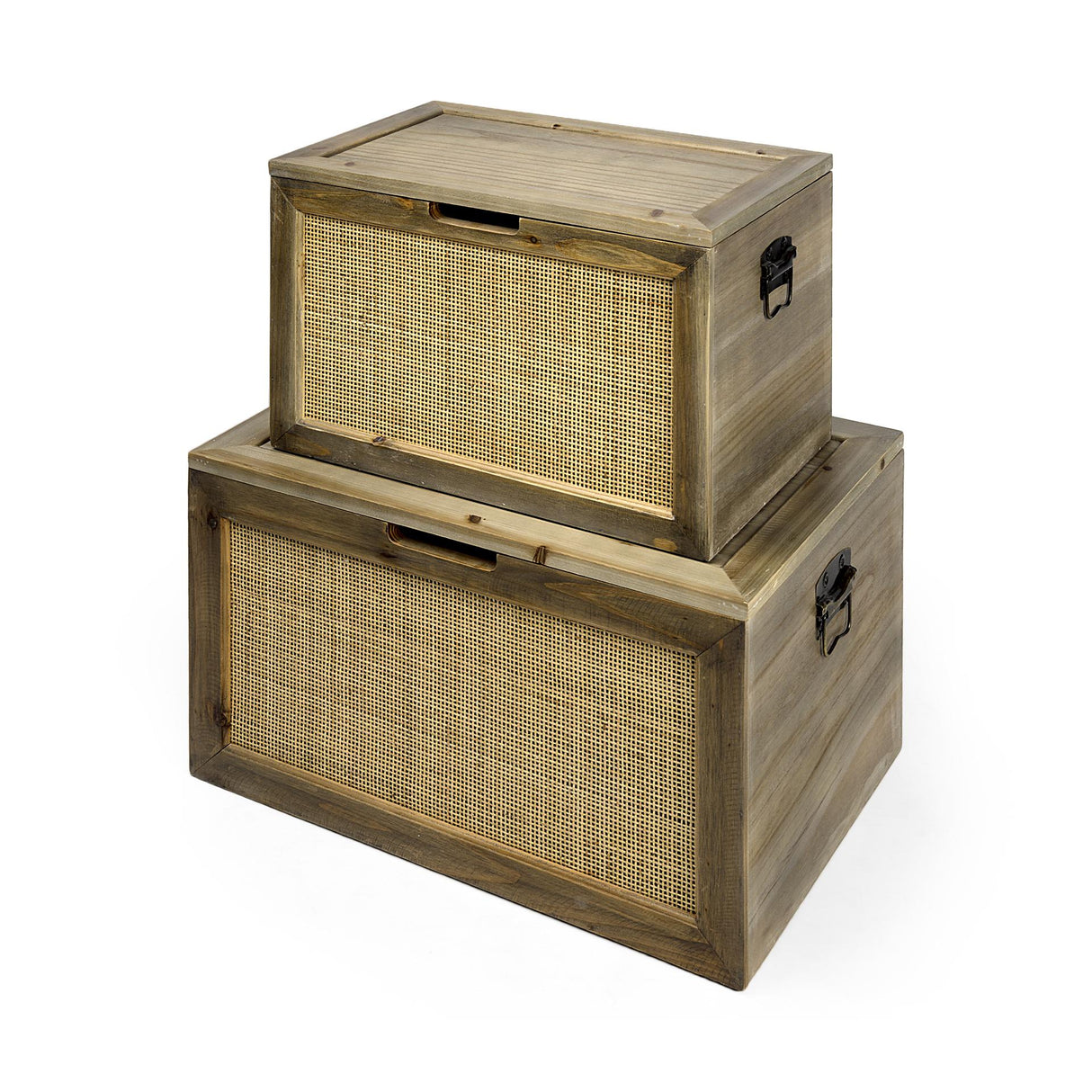 Mercana Sonny 23.6L x 15.7W x 13.8H Set of Two Brown Wood and Wicker W/ Metal Detail Rectangular Boxes