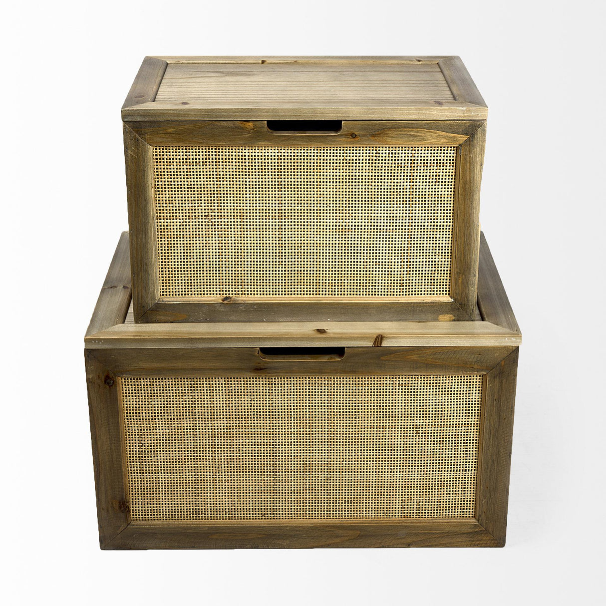Mercana Sonny 23.6L x 15.7W x 13.8H Set of Two Brown Wood and Wicker W/ Metal Detail Rectangular Boxes