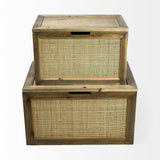 Mercana Sonny 23.6L x 15.7W x 13.8H Set of Two Brown Wood and Wicker W/ Metal Detail Rectangular Boxes
