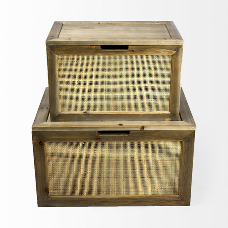 Mercana Sonny 23.6L x 15.7W x 13.8H Set of Two Brown Wood and Wicker W/ Metal Detail Rectangular Boxes
