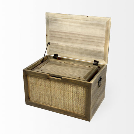 Mercana Sonny 23.6L x 15.7W x 13.8H Set of Two Brown Wood and Wicker W/ Metal Detail Rectangular Boxes