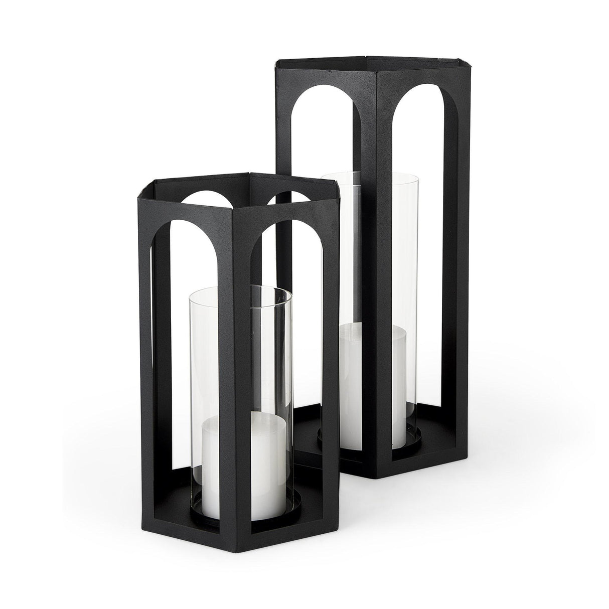 Mercana Balley 9.4L x 9.4W x 19.7H Set of Two Matte Black Metal Hexagonal Candle Holder Lanterns