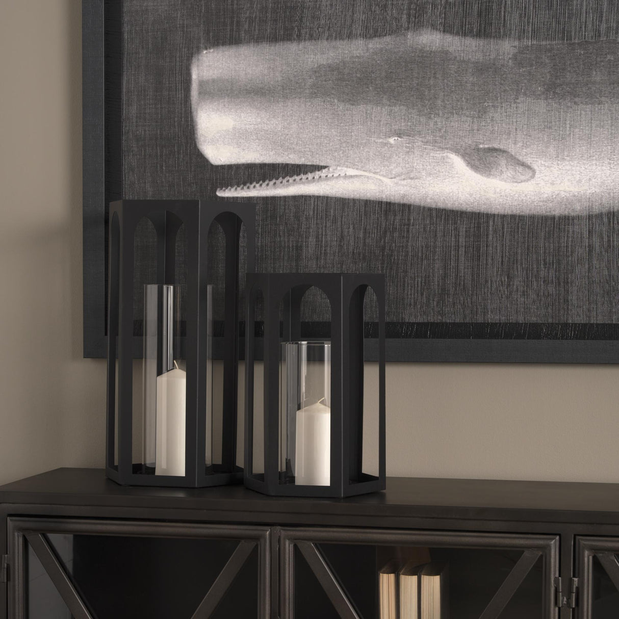 Mercana Balley 9.4L x 9.4W x 19.7H Set of Two Matte Black Metal Hexagonal Candle Holder Lanterns