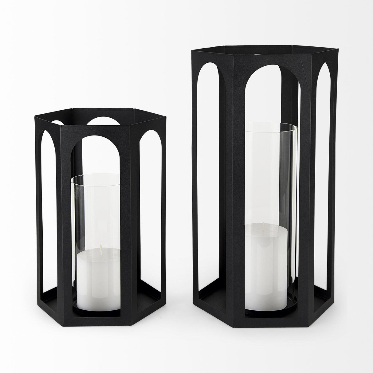 Mercana Balley 9.4L x 9.4W x 19.7H Set of Two Matte Black Metal Hexagonal Candle Holder Lanterns