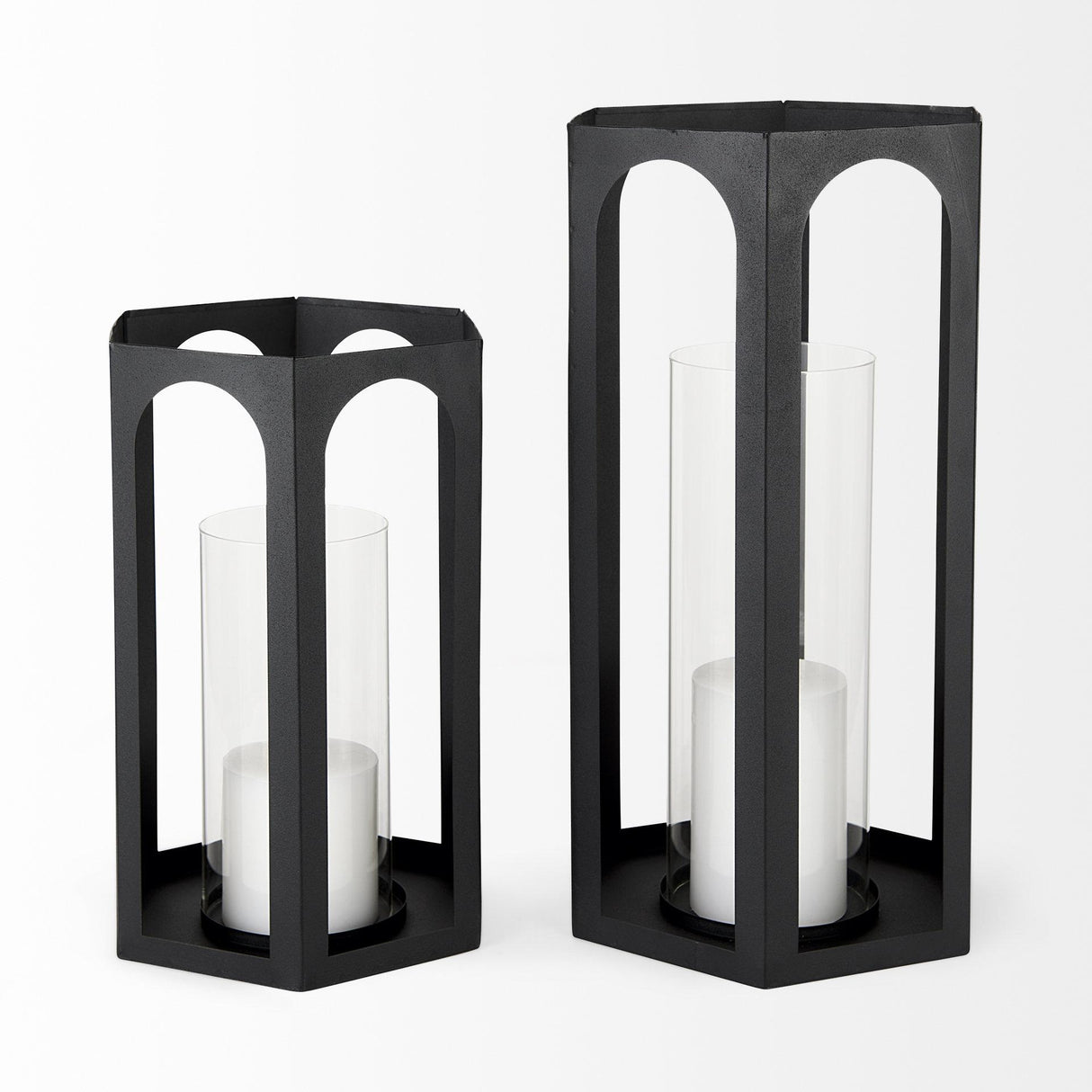 Mercana Balley 9.4L x 9.4W x 19.7H Set of Two Matte Black Metal Hexagonal Candle Holder Lanterns