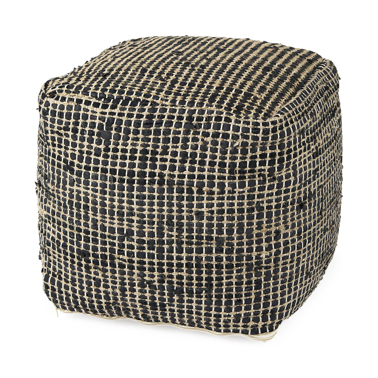 Mercana Aalia 16.0L x 16.0W x 16.0H Charcoal Leather and Jute Pouf