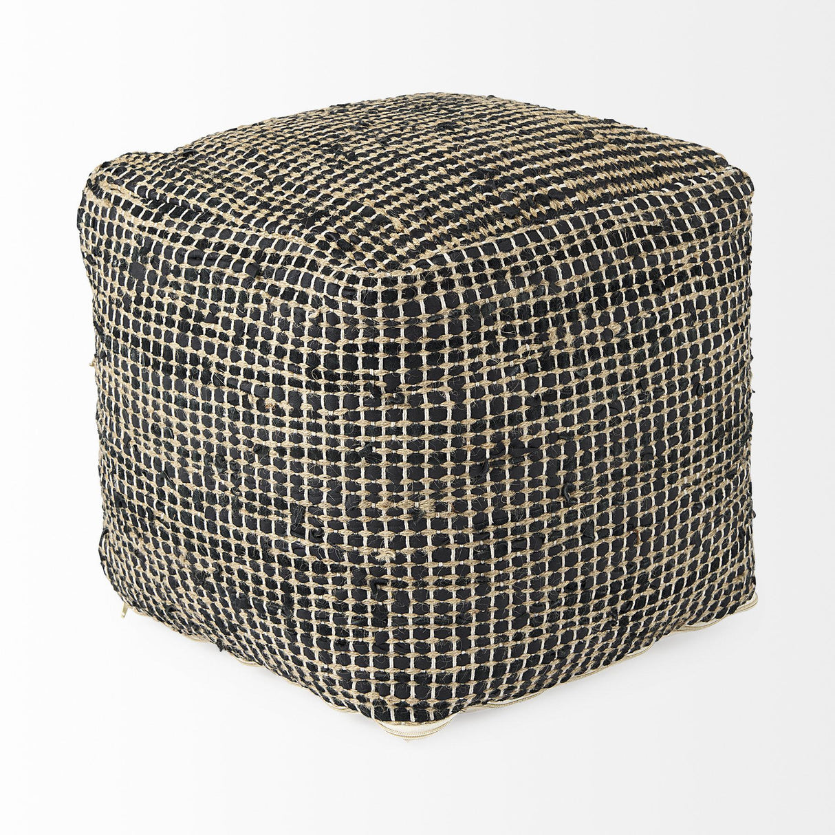 Mercana Aalia 16.0L x 16.0W x 16.0H Charcoal Leather and Jute Pouf