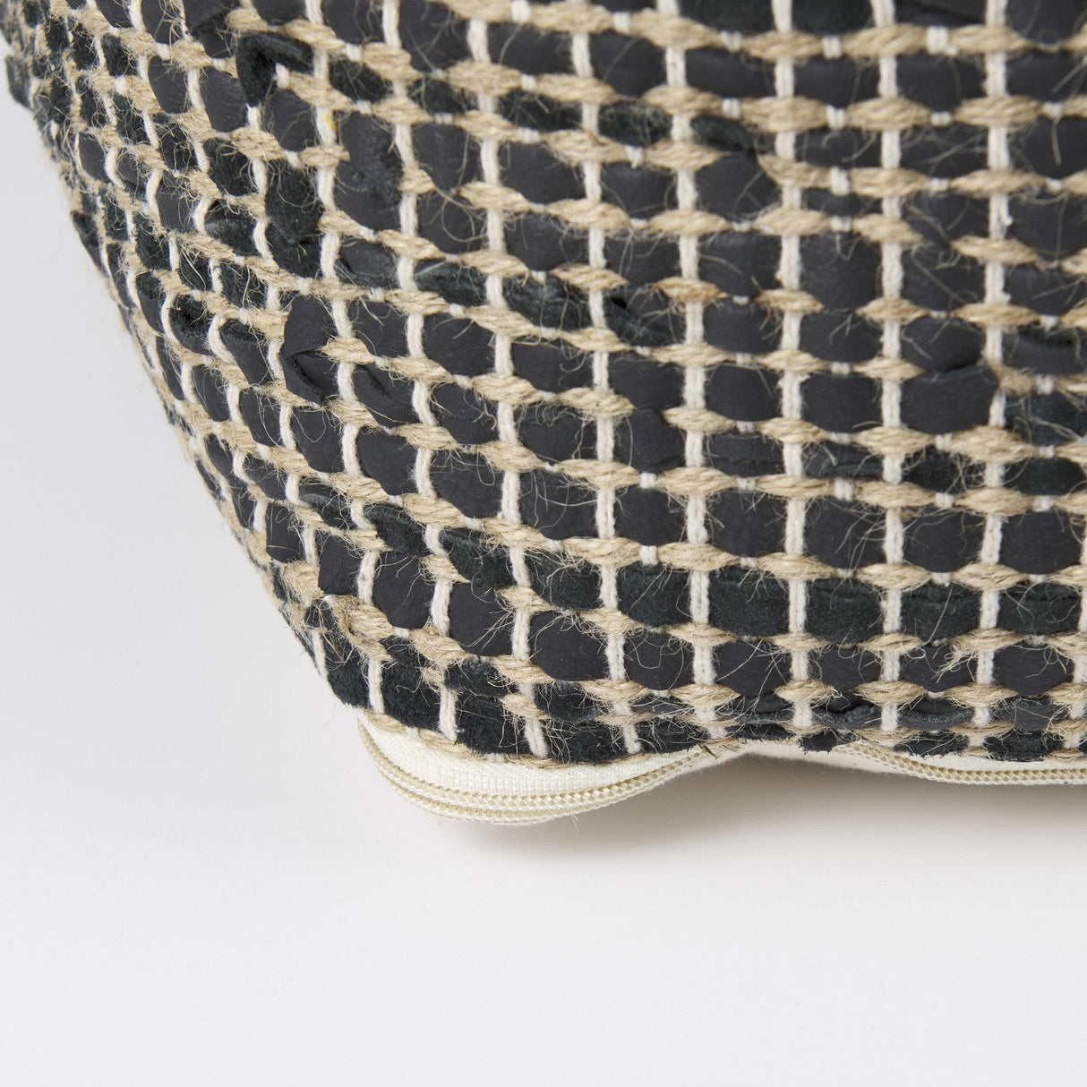 Mercana Aalia 16.0L x 16.0W x 16.0H Charcoal Leather and Jute Pouf