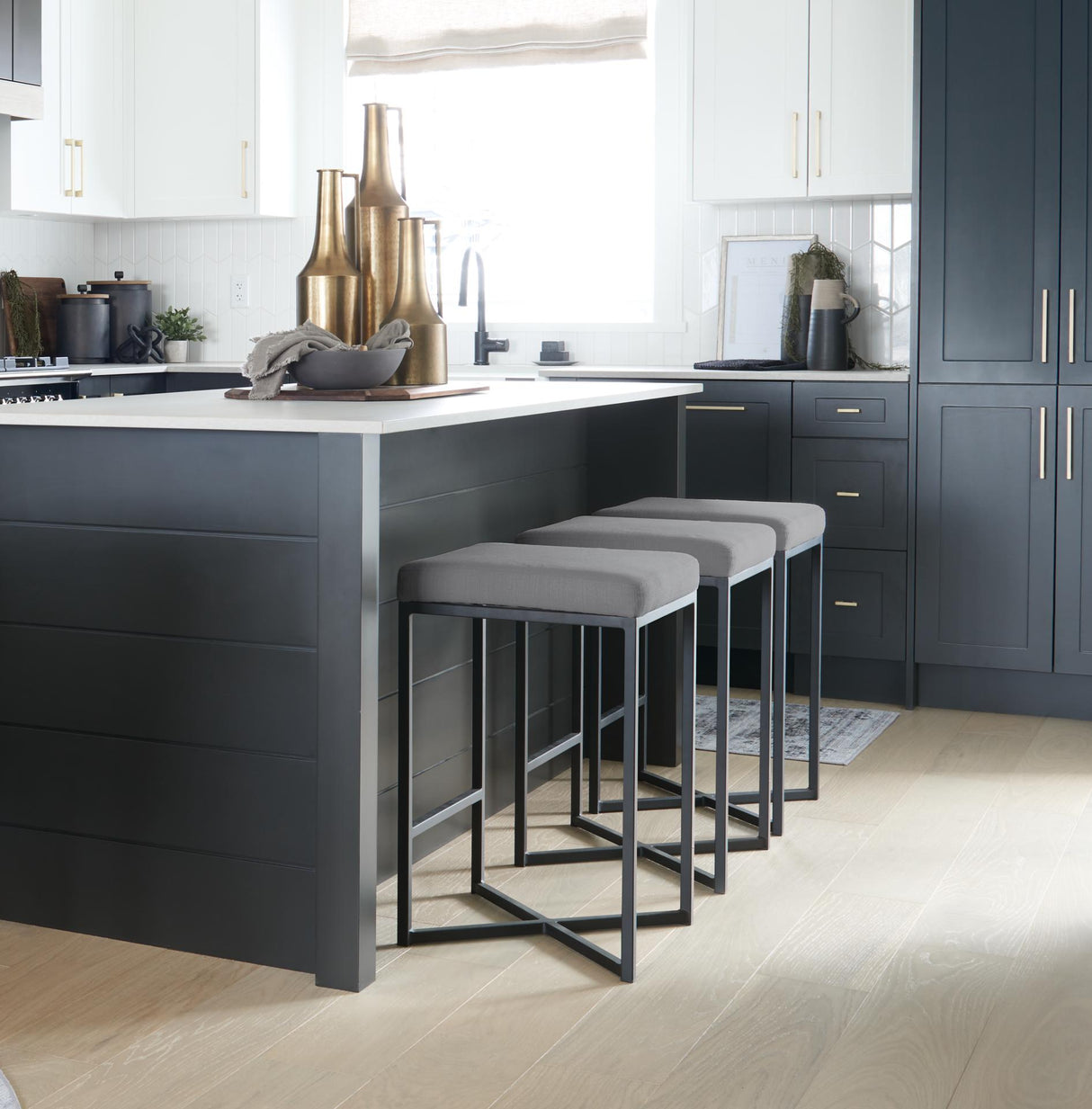 Mercana Frodo 16.5L x 16.5W x 26.4H Gray Fabric Seat W/Black Iron Frame Counter Stool