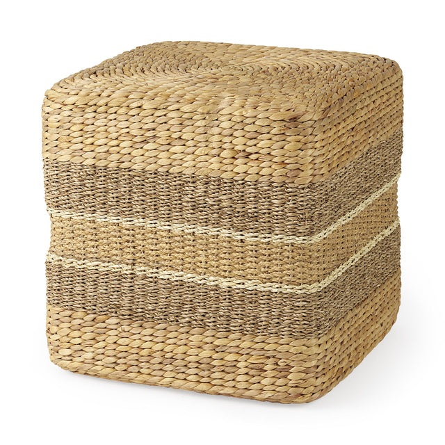 Mercana Maya 17.7L x 17.7W x 17.7H Light Brown W/Medium Brown Stripes Seagrass Square Pouf