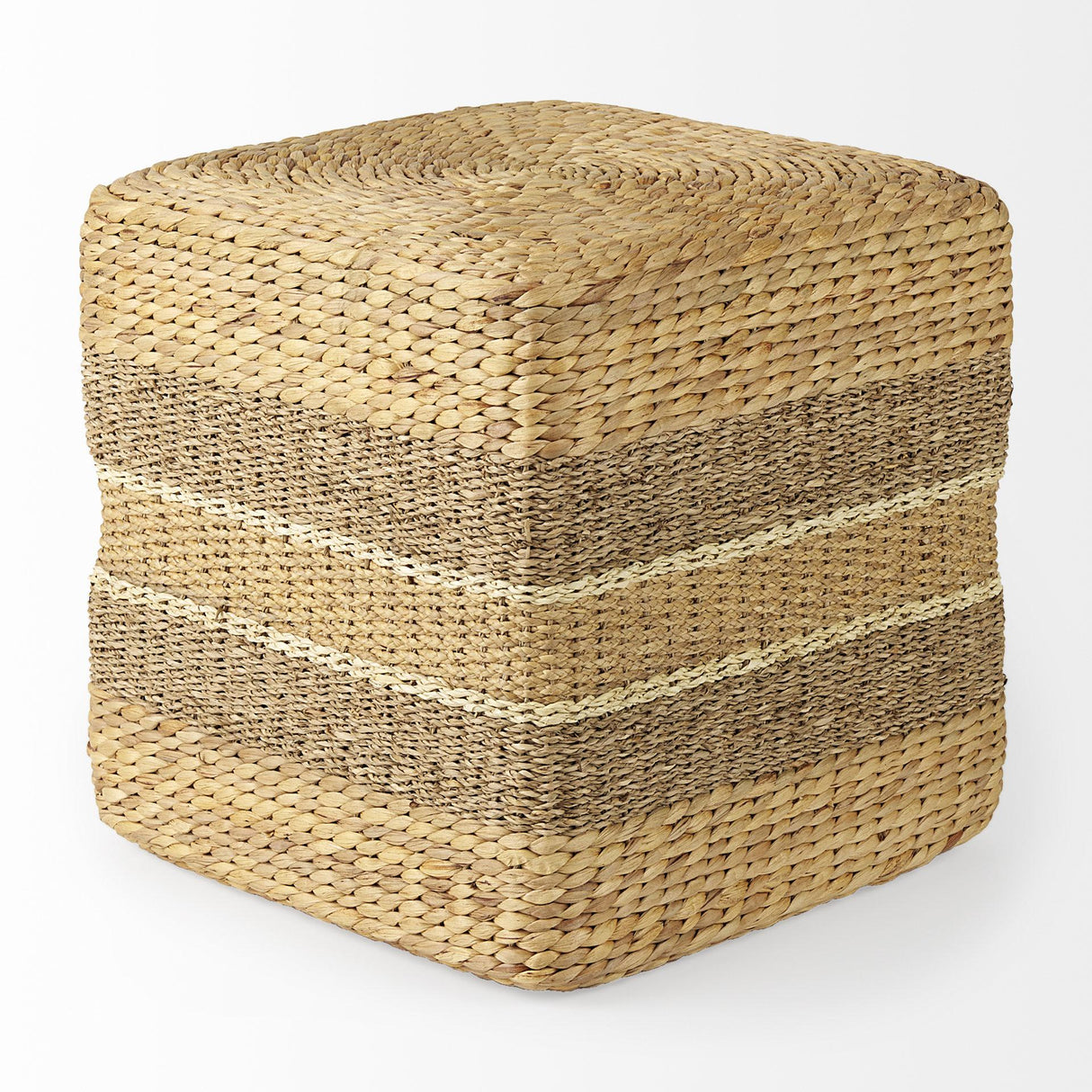 Mercana Maya 17.7L x 17.7W x 17.7H Light Brown W/Medium Brown Stripes Seagrass Square Pouf