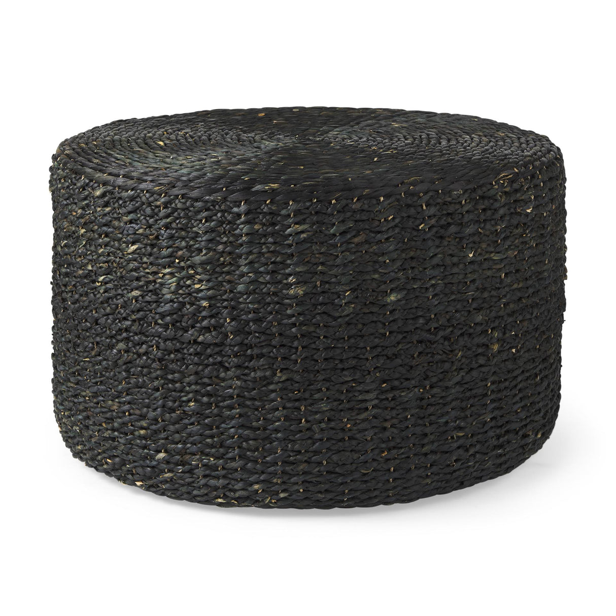 Mercana Dina 75L x 75W x 45H Black Cornhusk and Water Hyacinth Round Coffee Table Pouf