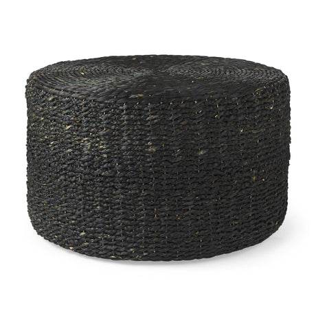Mercana Dina 75L x 75W x 45H Black Cornhusk and Water Hyacinth Round Coffee Table Pouf