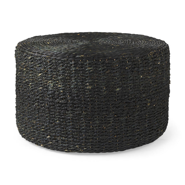 Mercana Dina 75L x 75W x 45H Black Cornhusk and Water Hyacinth Round Coffee Table Pouf