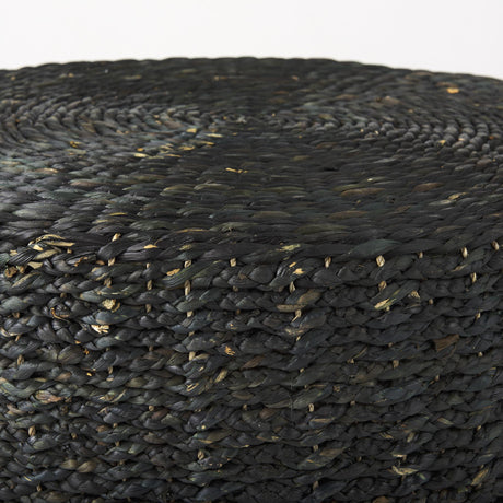 Mercana Dina 75L x 75W x 45H Black Cornhusk and Water Hyacinth Round Coffee Table Pouf