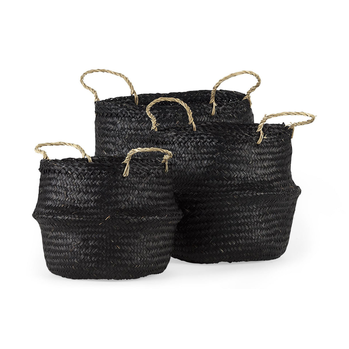 Mercana Ella 9.8L x 9.8W x 11.0H (Set of 3) Black Seagrass Basket W/ Light Brown Handles