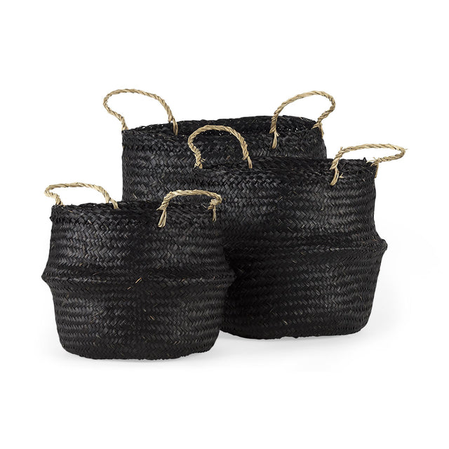 Mercana Ella 9.8L x 9.8W x 11.0H (Set of 3) Black Seagrass Basket W/ Light Brown Handles
