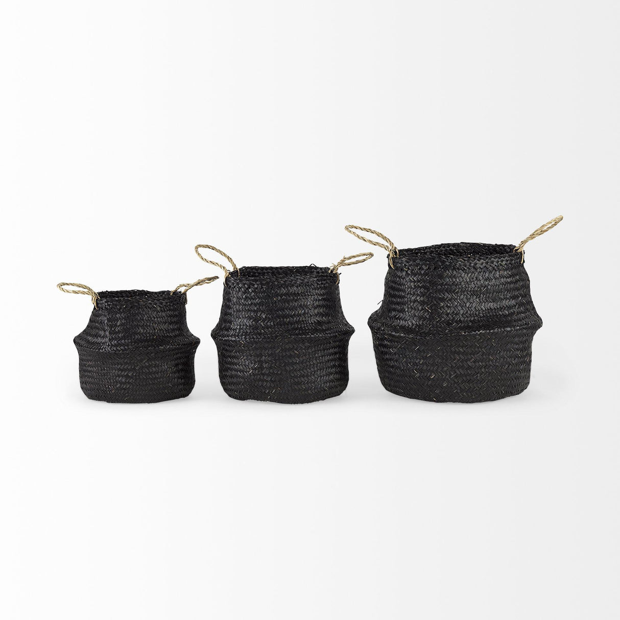 Mercana Ella 9.8L x 9.8W x 11.0H (Set of 3) Black Seagrass Basket W/ Light Brown Handles