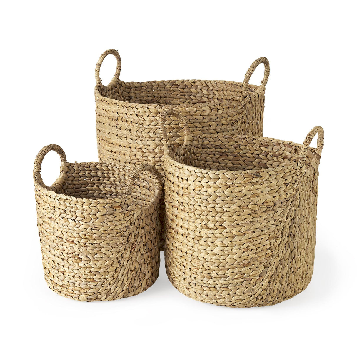 Mercana Sivan 19.7L x 19.7W x 23.6H (Set of 3) Light Brown Water Hyacinth Round Basket W/ Handles