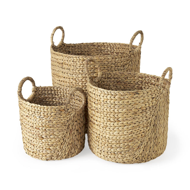 Mercana Sivan 19.7L x 19.7W x 23.6H (Set of 3) Light Brown Water Hyacinth Round Basket W/ Handles