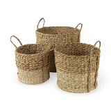 Mercana Morocco 15.7L x 15.7 (Set of 3) Brown Two Tone Water Hyacinth and Cornhusk Round Basket W/ Handles