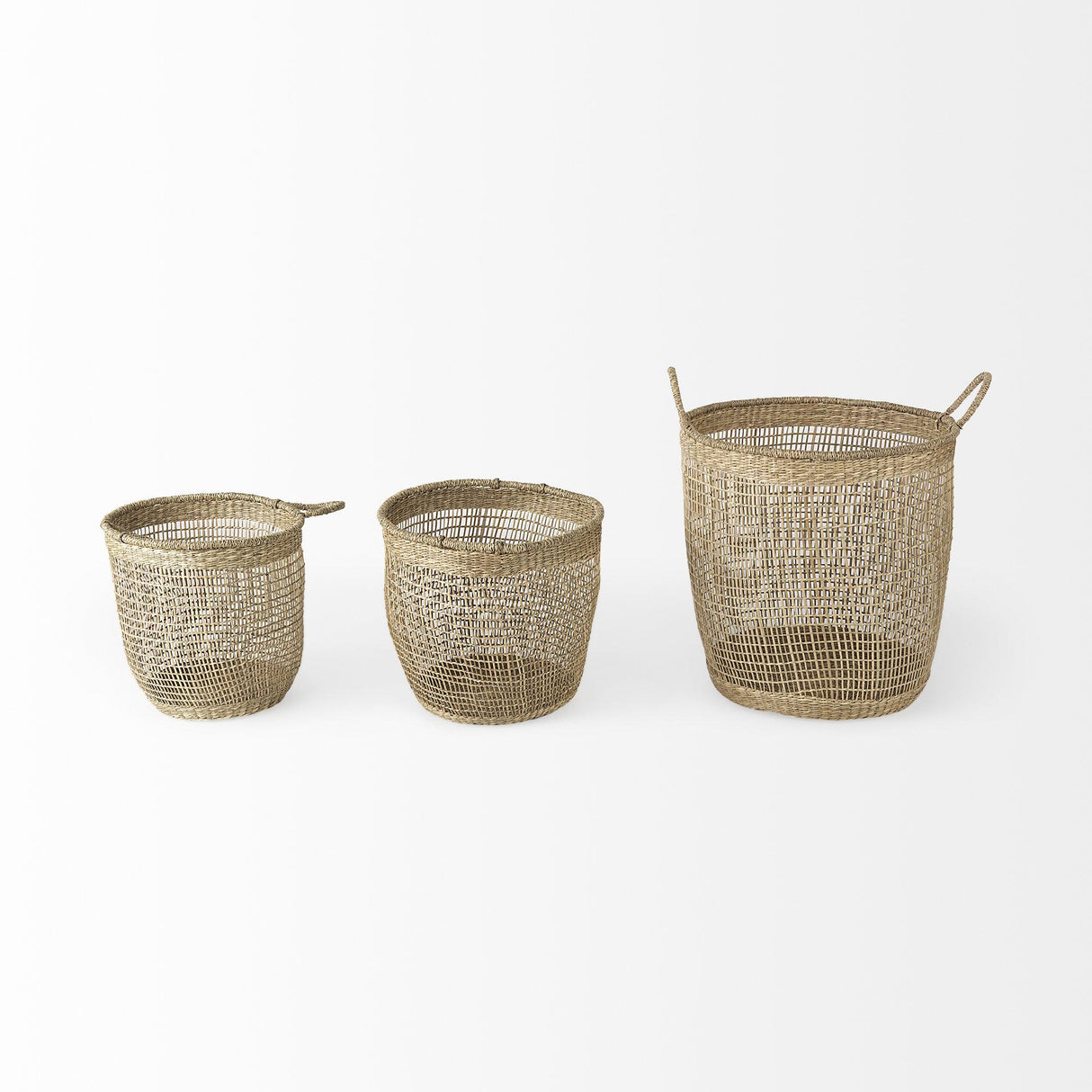 Mercana Bowie 19.7L x 19.7W x 19.7H (Set of 3) Medium Brown Seagrass Round Basket W/ Handles