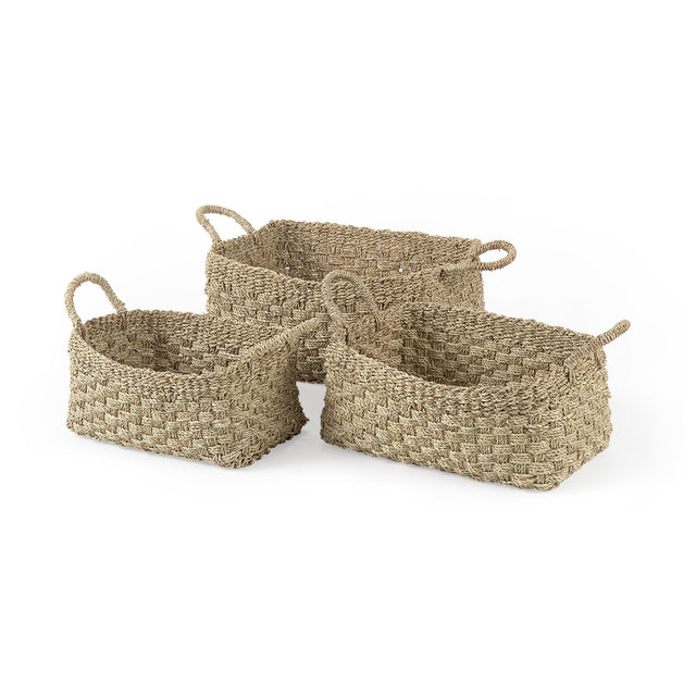 Mercana Emra 17.3L x 11.8W x 7.9H (Set of 3) Light Brown Seagrass Rectangular Basket W/ Handles