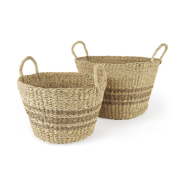Mercana Vance 17.7L x 17.7W x 11.8H Light Brown Palm Leaf and Seagrass Round Basket W/ Handles