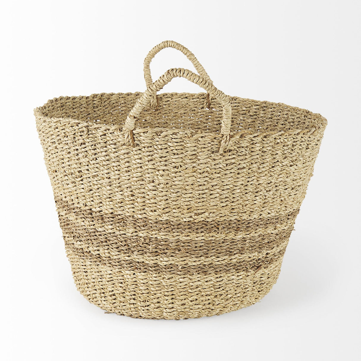 Mercana Vance 17.7L x 17.7W x 11.8H Light Brown Palm Leaf and Seagrass Round Basket W/ Handles
