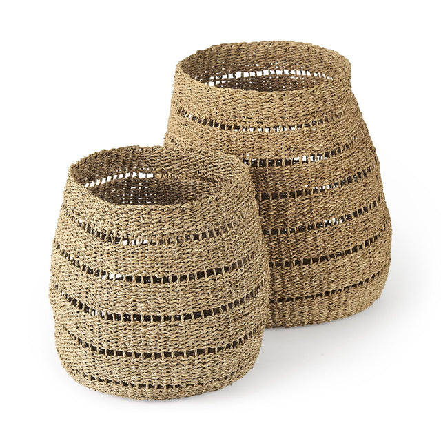 Mercana Hayes 17.7L x 17.7W x 11.8H (Set of 2) Medium Brown Seagrass Round Basket with Stripe Pattern