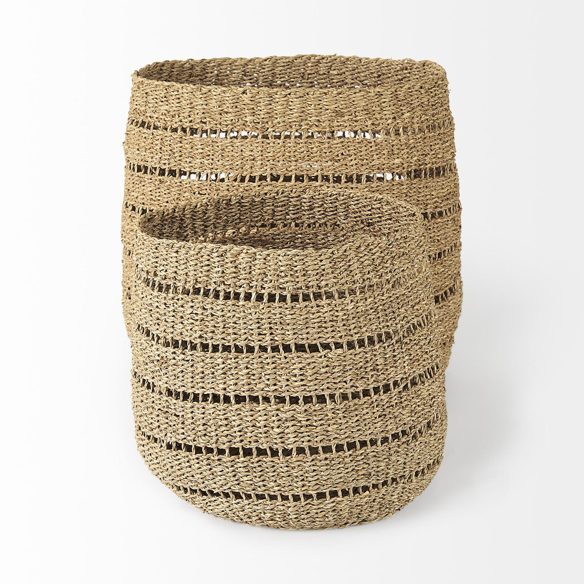 Mercana Hayes 17.7L x 17.7W x 11.8H (Set of 2) Medium Brown Seagrass Round Basket with Stripe Pattern