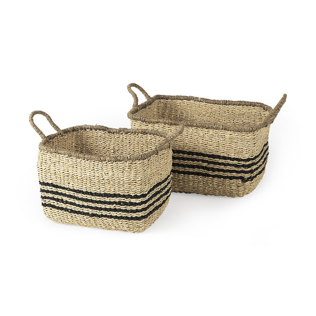 Mercana Emma 17.3L x 13.0W x 11.0H (Set of 2) Light Brown Seagrass Rectangular Basket W/ Black Stripes