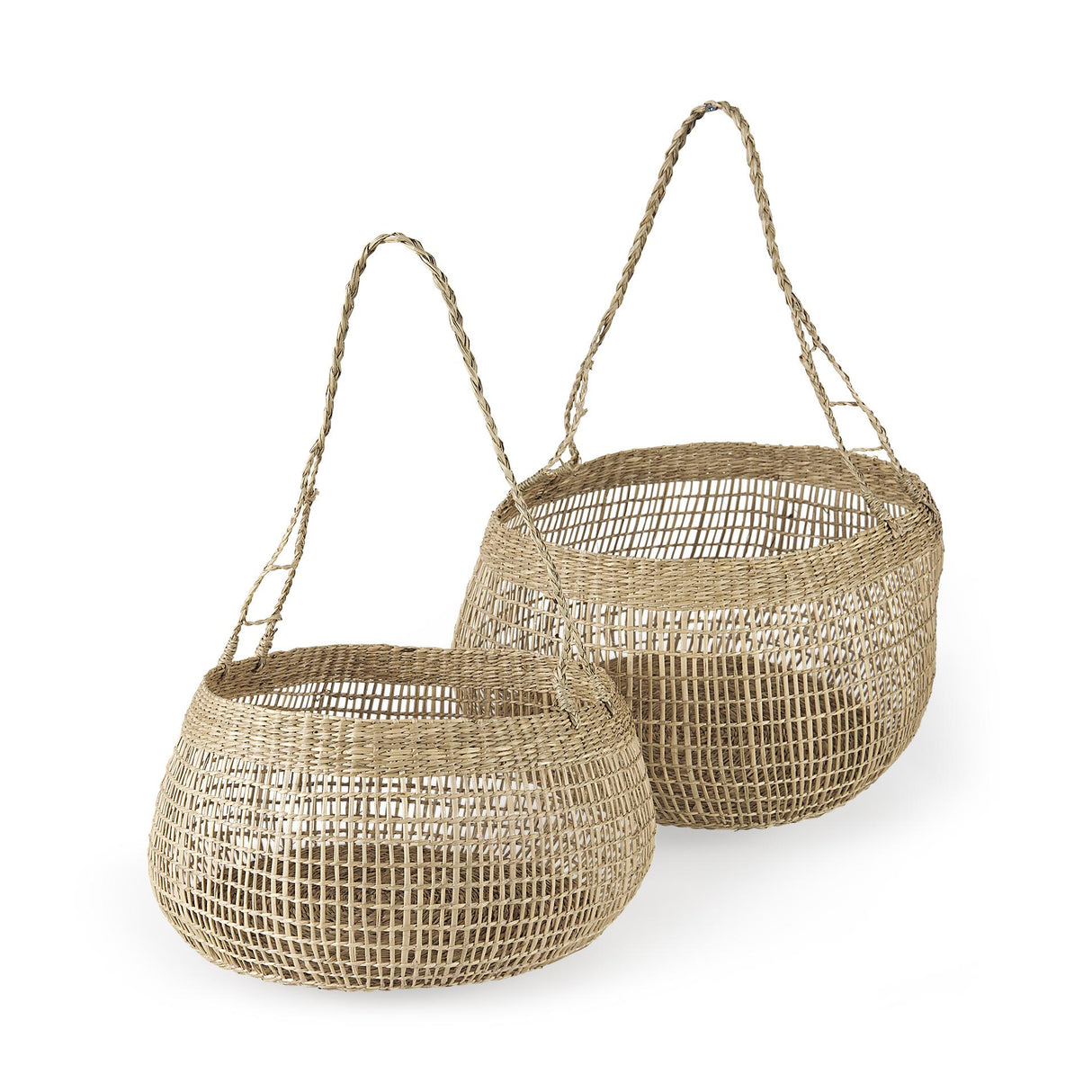 Mercana Nova 15.0L x 15.0W x 9.4H (Set of 2) Light Brown Seagrass Woven Round Basket W/ Long Handle