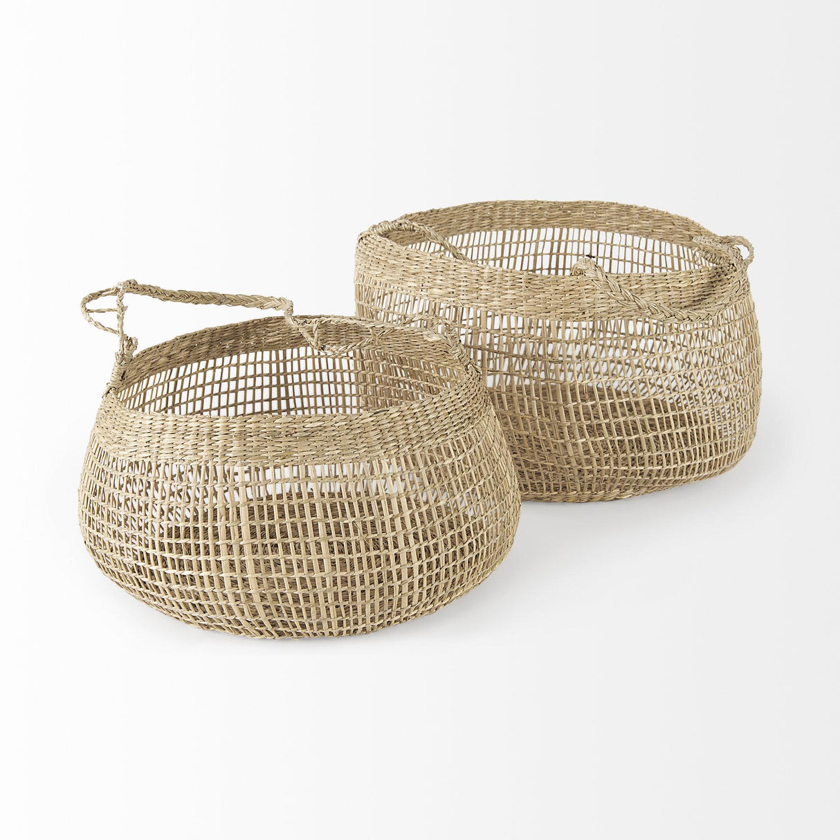 Mercana Nova 15.0L x 15.0W x 9.4H (Set of 2) Light Brown Seagrass Woven Round Basket W/ Long Handle