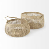 Mercana Nova 15.0L x 15.0W x 9.4H (Set of 2) Light Brown Seagrass Woven Round Basket W/ Long Handle