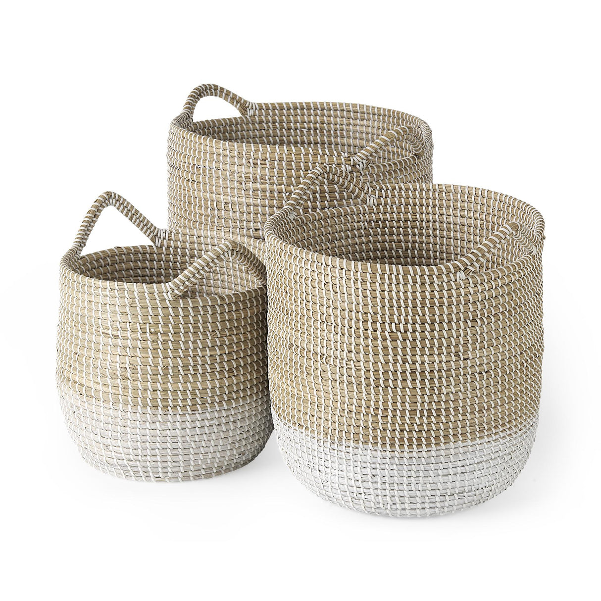 Mercana Maddie 13.8L x 13.8W X 15.0H (Set of 3) Light Brown W/White Dipped Seagrass Round Basket W/ Handles