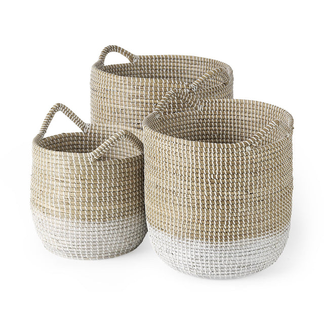 Mercana Maddie 13.8L x 13.8W X 15.0H (Set of 3) Light Brown W/White Dipped Seagrass Round Basket W/ Handles