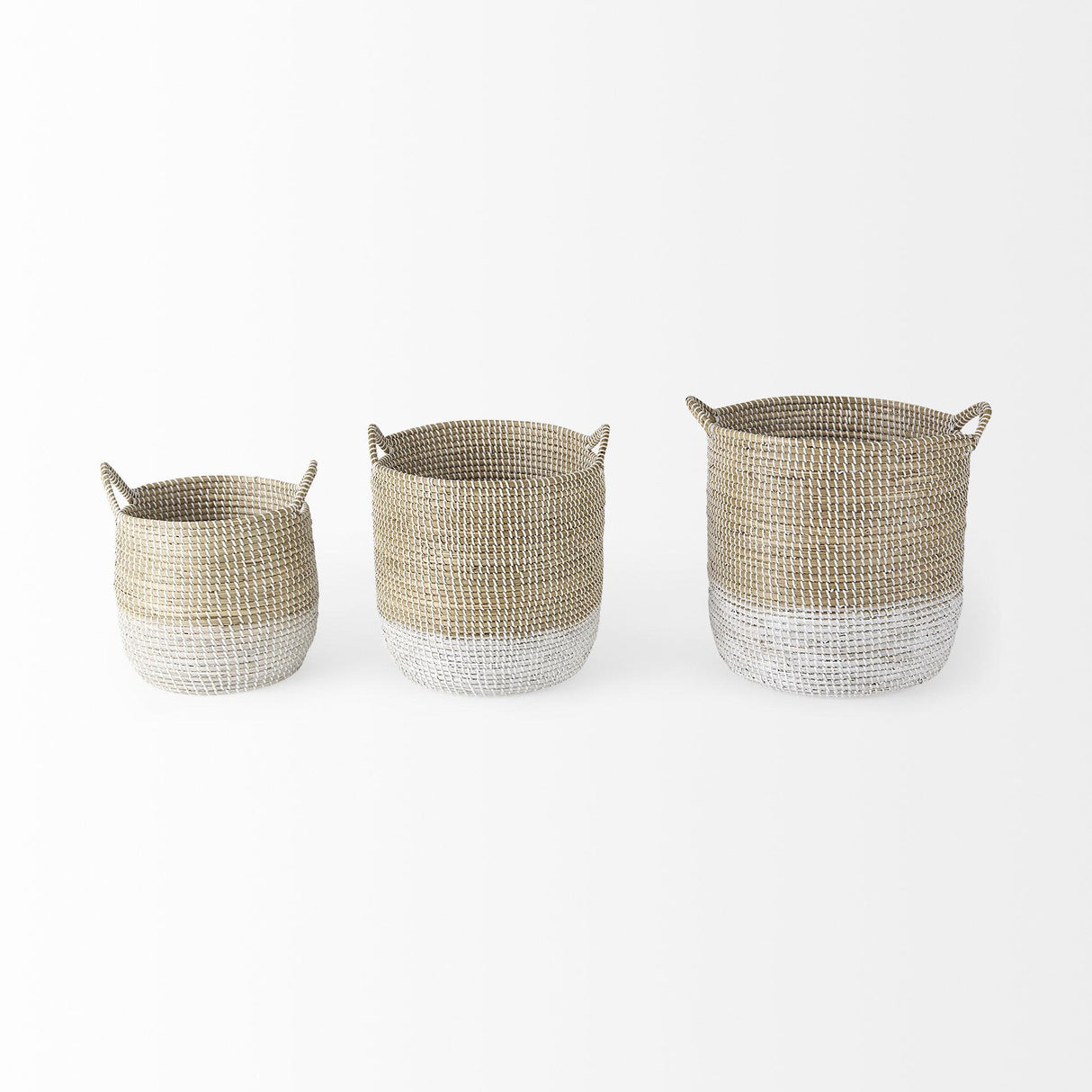 Mercana Maddie 13.8L x 13.8W X 15.0H (Set of 3) Light Brown W/White Dipped Seagrass Round Basket W/ Handles