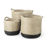 Mercana Maddie 13.8L x 13.8W X 15.0H (Set of 3) Light Brown W/Black Dipped Seagrass Round Basket W/ Handle
