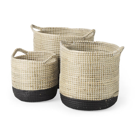 Mercana Maddie 13.8L x 13.8W X 15.0H (Set of 3) Light Brown W/Black Dipped Seagrass Round Basket W/ Handle