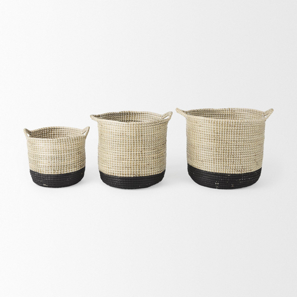 Mercana Maddie 13.8L x 13.8W X 15.0H (Set of 3) Light Brown W/Black Dipped Seagrass Round Basket W/ Handle