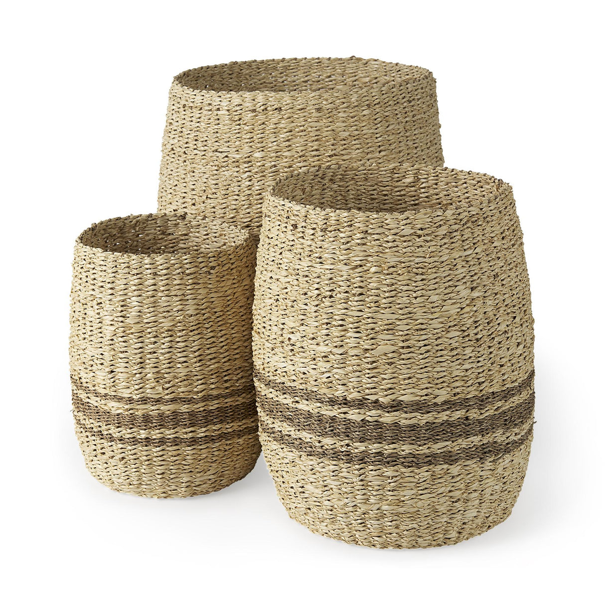 Mercana Sivannah 19.7L x 19.7W x 23.6H (Set of 3) Light Brown and Medium Brown Striped Seagrass Round Basket