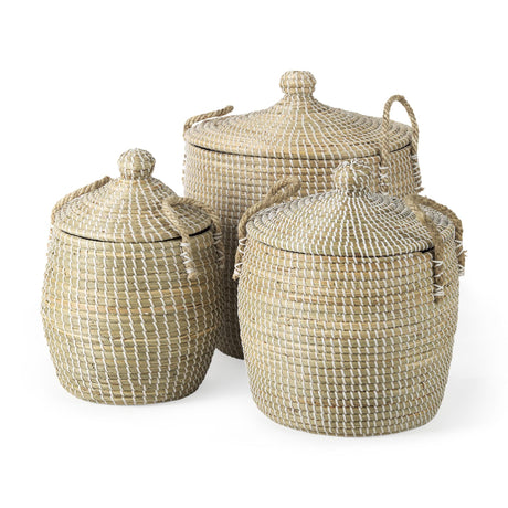 Mercana Olivia 15.7L x 15.7W x 17.3H Set of 3 Beige Seagrass Basket W/Lid and Handles